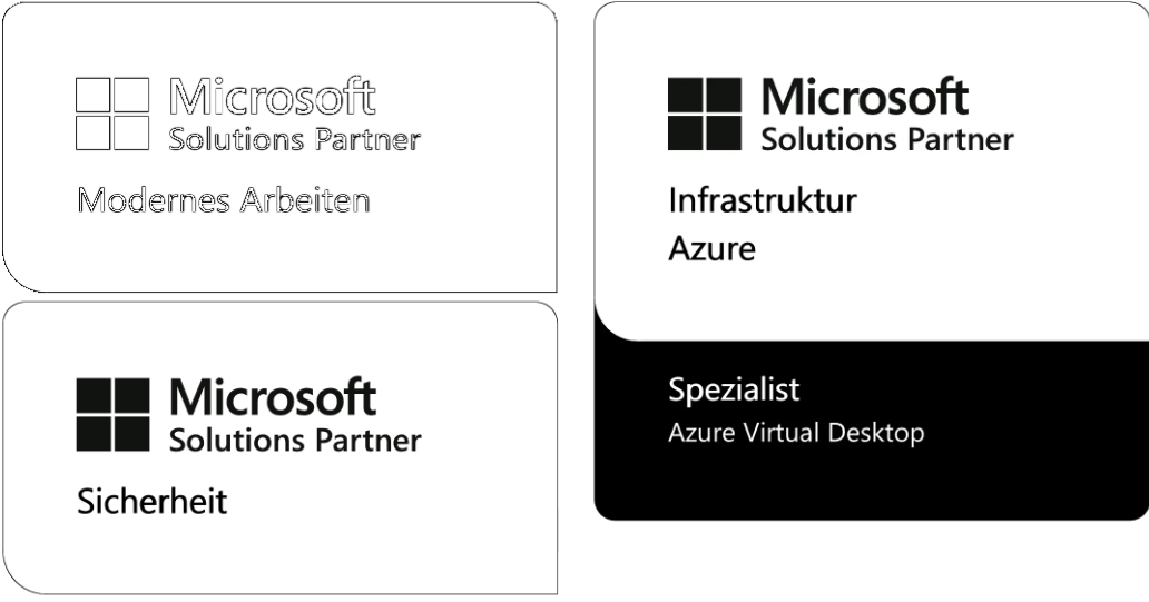 Drei Microsoft Solutions Partner Logos mit den Bezeichnungen Moderne Arbeiten, Infrastruktur Azure und Sicherheit. Drei Microsoft Solutions Partner Logos mit den Bezeichnungen Moderne Arbeiten, Infrastruktur Azure und Sicherheit.