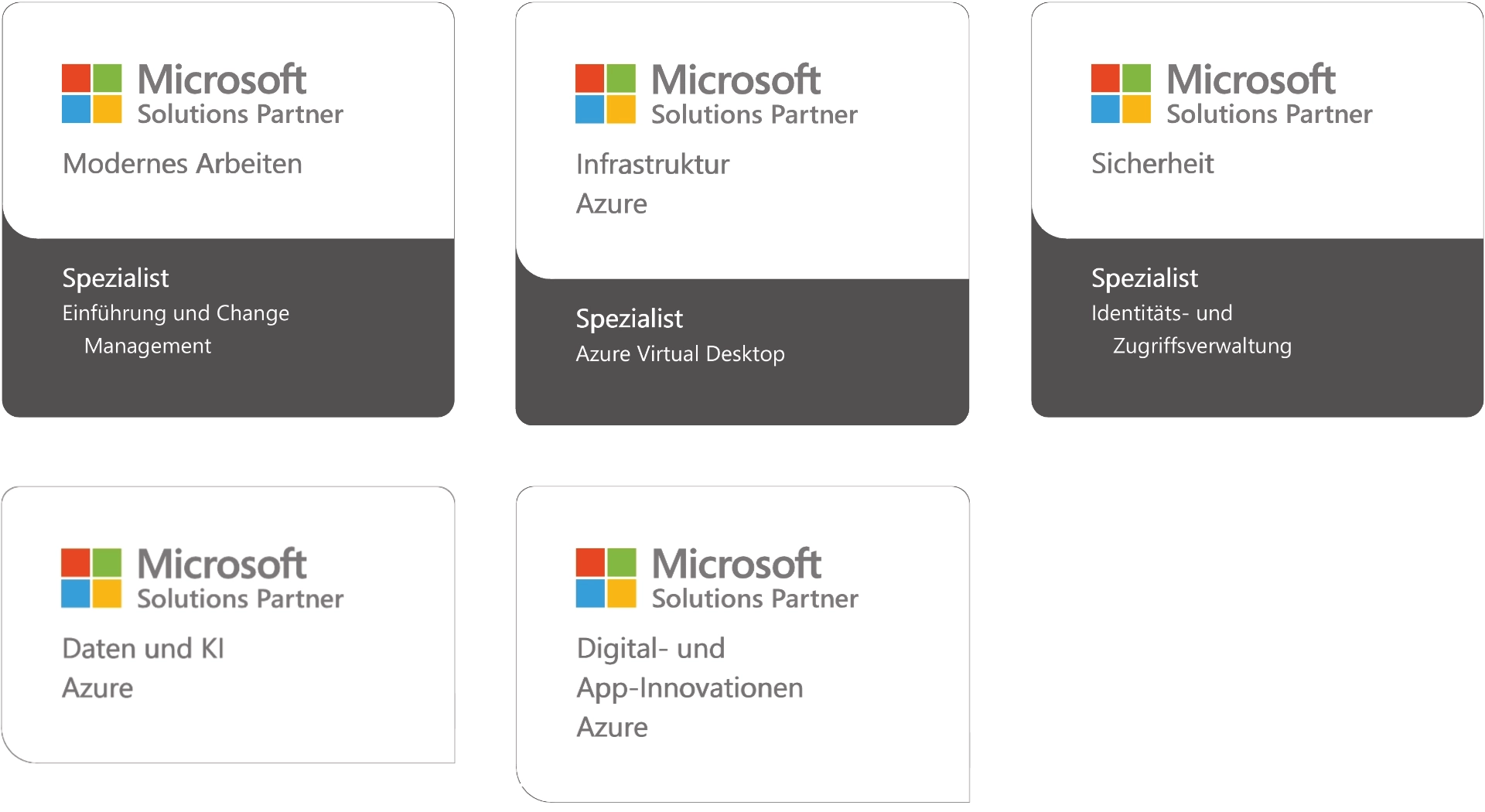 Mehrere Microsoft Solutions Partner-Kacheln zeigen die Bereiche Modernes Arbeiten, Infrastruktur, Sicherheit, Daten und KI sowie App-Innovationen.